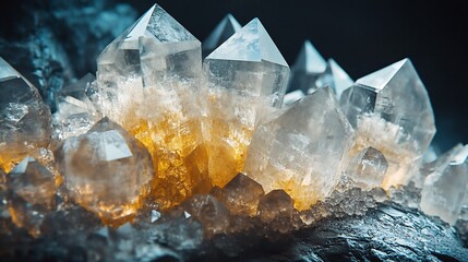 Obraz premium Glistening quartz crystals dramatically illuminated warm light. AI Generated