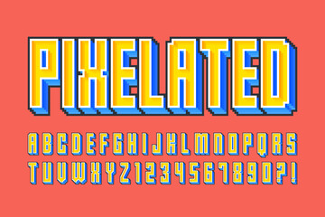 Fototapeta premium Pixel stylized vector alphabet design. High contrast and sharp, retro-futuristic.