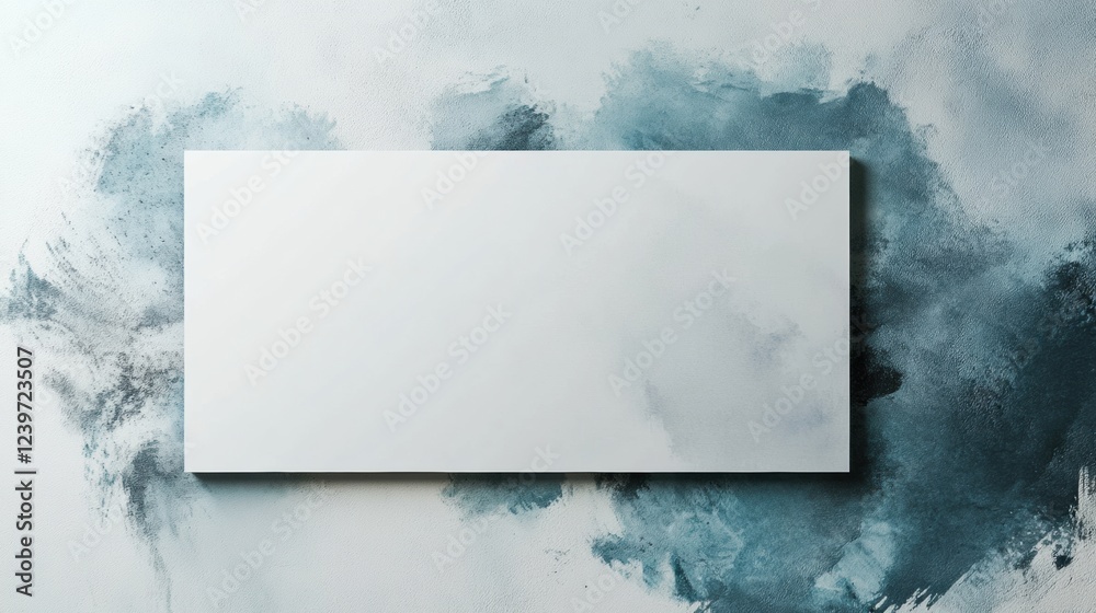 Aufkleber blank canvas positioned against a textured wall with abstract blue paint splashes in a creative stud