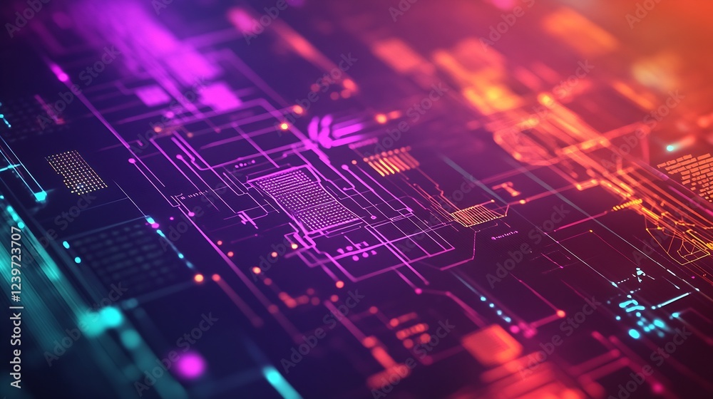 Poster Futuristic digital abstract background with neon circuit patterns and glowing lines : Generative AI