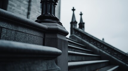 Old stone staircase winding upward, featuring ornate lampposts, leading toward grand architectural landmark beneath overcast skies