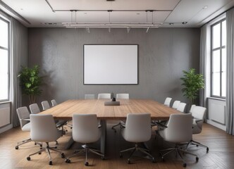 Fototapeta premium Empty conference room with a lone poster hanging on the wall , conference, blank, bulletin