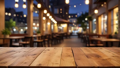 Empty wooden table top on blurred cafe restaurant background with golden light bokeh effects,  empty space,  golden glow, coffee table