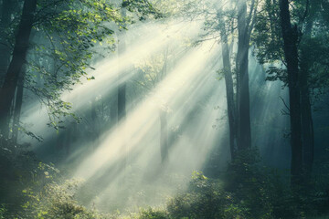 Obraz premium Soft ethereal light breaking through the misty treetops of a tranquil forest