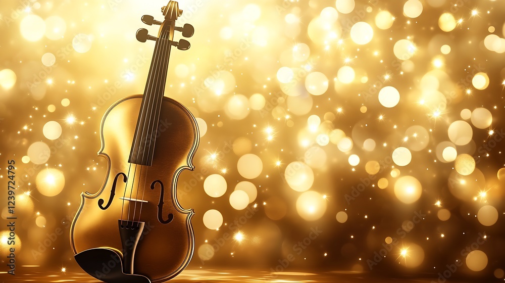 Aufkleber stunning gold violin with a sparkling background for arts and music creation : generative ai