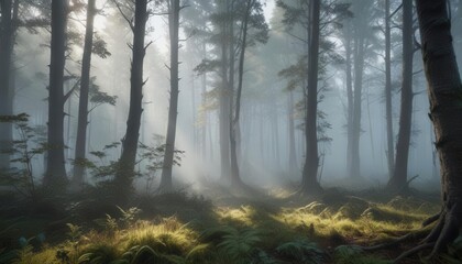 Obraz premium Ethereal light dances across the foggy forest floor, dreamy, hazy, forest
