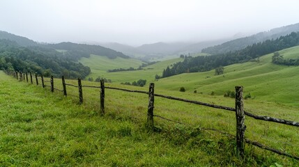 Misty mountain valley farmland fence