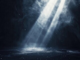 ethereal light beams piercing through atmospheric haze, creating dramatic spotlights on dark reflective surface with swirling particles