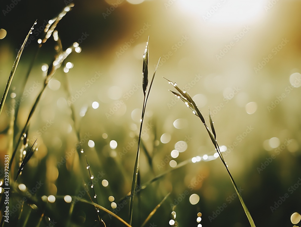 Poster serene morning scene with glowing grass blades and dew drops sparkling in warm sunlight : generative