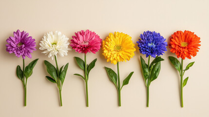 Fototapeta premium A vibrant array of colorful flowers arranged neatly, showcasing diverse hues against a soft background.