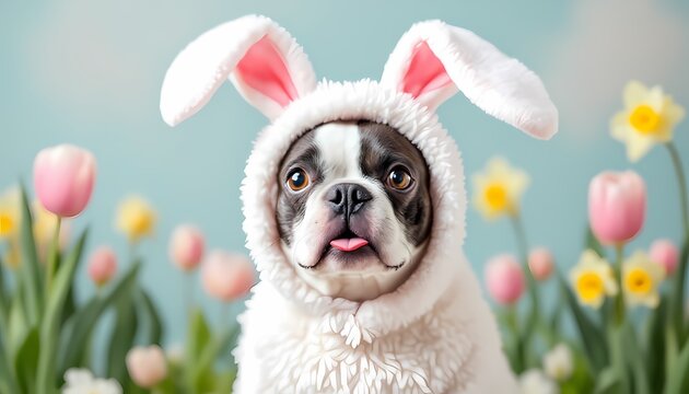 Adorable Easter Bunny Boston Terrier Dog in Spring Flowers
