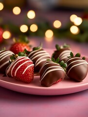 Deliciously Decorated Chocolate Covered Strawberries on a Pink Plate : Generative AI