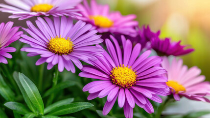 Fototapeta premium A vibrant arrangement of purple and pink flowers with yellow centers, showcasing their beauty against a softly blurred background.