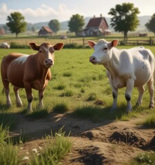 Obraz premium Farm animal friends playing together in the fields, cow, animals together, chicken
