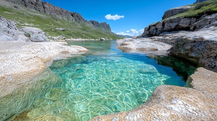 Crystal-clear alpine lake, mountain backdrop, summer sunlight, tranquil scene, travel photography
