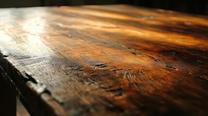 weathered farmhouse table with rich wood grain texture, dramatic side lighting creating deep shadows, rustic vintage aesthetic with subtle distressing