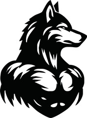 Graphic Mascot Vector Image of a wolf boxer. Logos for sport athletic club. Coat of Arms for the gym or sports shop. Wolf head. Vector illustration