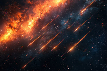 Meteor shower streaking through fiery cosmic nebula