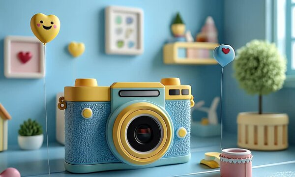 Cute cartoon camera with heart balloons on a blue table.