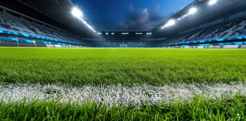 Football arena - field silence, empty atmosphere, serene venue, untouched turf, goal area, stadium structure, tranquil setting, sports field, quiet expanse, architectural view, calm surroundings.