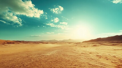 Expansive desert landscape under a bright sky during sunset. Generative AI