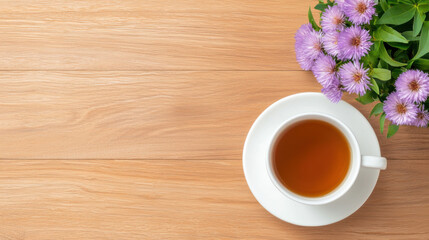 Obraz premium A cozy cup of tea sits on a wooden surface beside a bouquet of purple flowers, creating a serene and inviting atmosphere.
