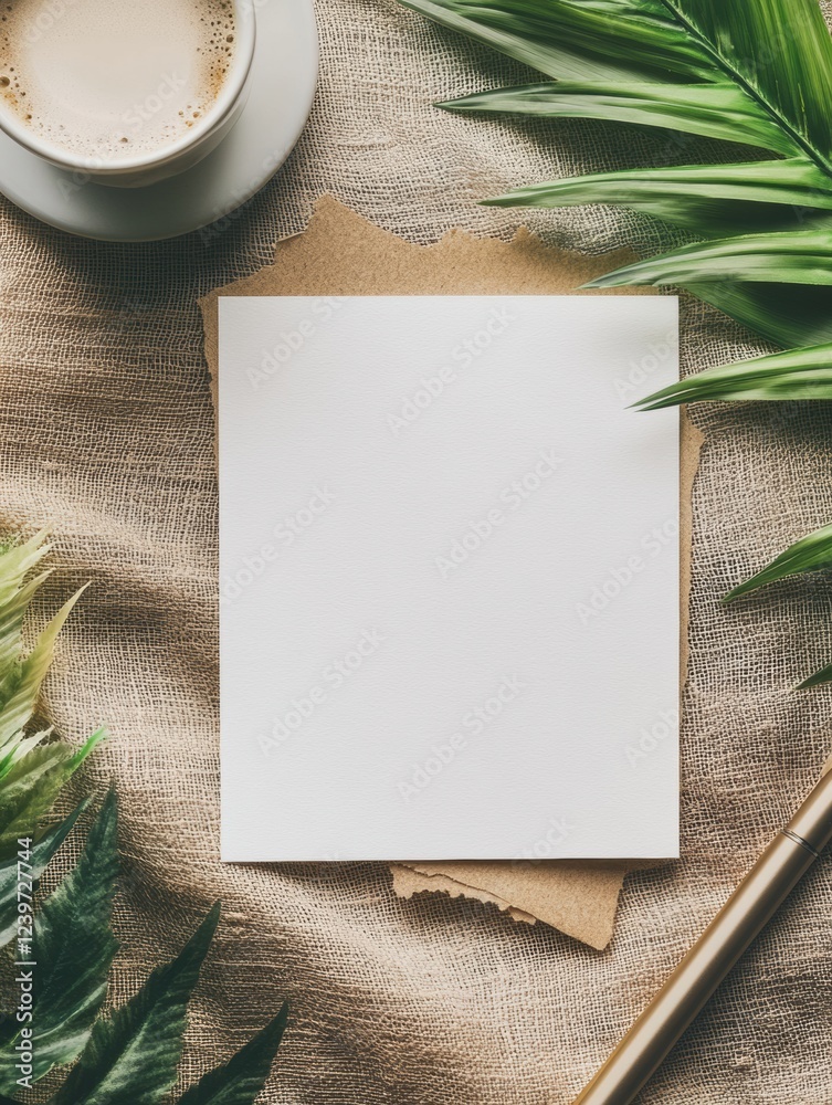 Leinwandbilder Blank sheet of paper on a rustic table surrounded by green foliage and a cup of coffee in a cozy setting. Generative AI