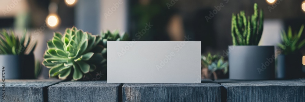 Poster modern indoor setting with succulent plants and a blank card on a wooden table. generative ai
