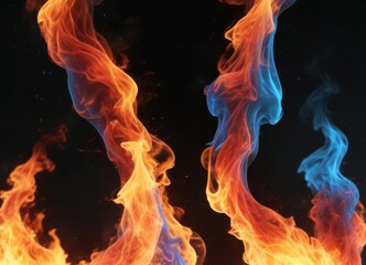 Flames on black background with red and blue hues dancing together,  fire,  blue flames,  warm colors