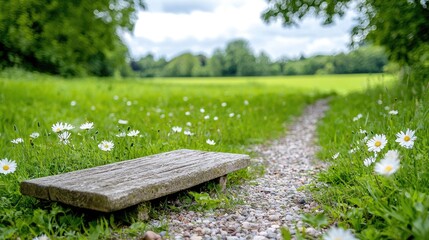Fototapeta premium Park bench path daisies spring peaceful nature