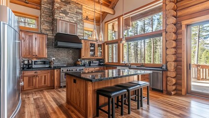 Luxurious Log Cabin Kitchen with Stunning Views