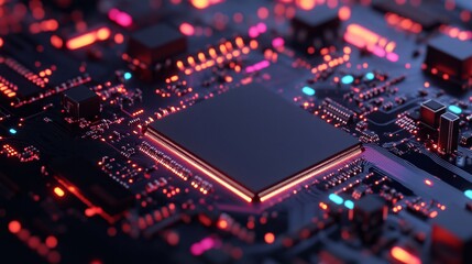 Glowing red and blue circuit board details, highlighting intricate electronic components at microscopic scale