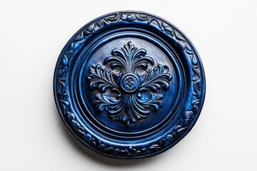 Fototapeta premium Elegant Cobalt Blue Ornate Wall Decor, Decorative Ceiling Medallion, Vintage Rococo Style, Intricate Carved Design, Deep Blue Finish