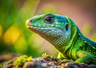 Fototapeta premium Green Wall Lizard with S-Shaped Neck and Copy Space