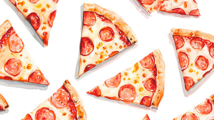 Illustration featuring multiple slices of pepperoni pizza arranged on a transparent background for culinary and design purposes