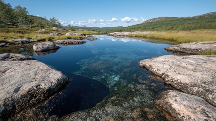 Still mountain pool reflecting sky, rocks, summer. Nature background, travel