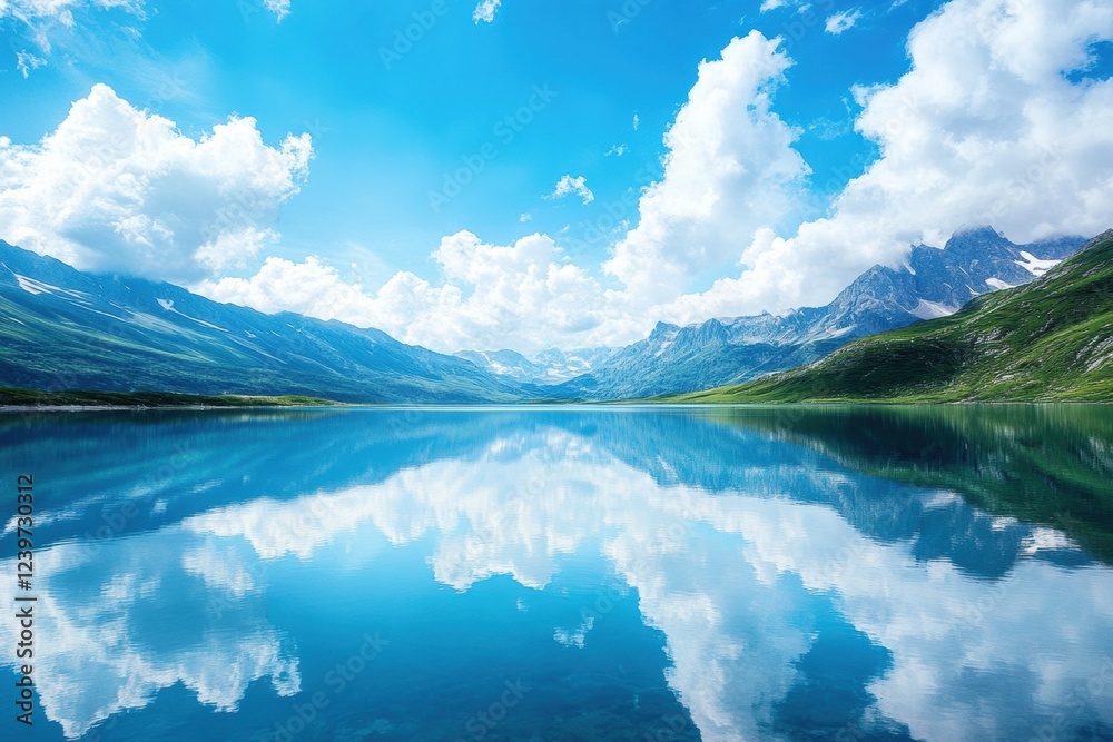Poster majestic mountain landscape with clear reflection on serene lake under blue sky and fluffy clouds. g