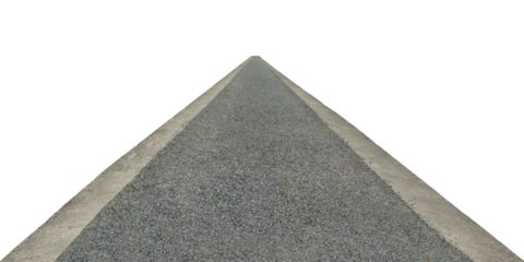 The gravel road is centered and stretches to the horizon. Concrete road perspective isolated on transparent background. PNG image.