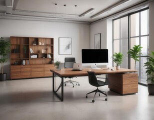 Formal corporate office space with modern furniture and wood accents in a minimalist setting ,  business,  design,  modern