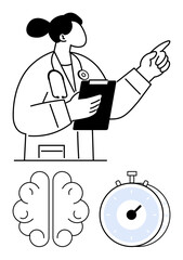 Female doctor with clipboard pointing forward, brain representing cognition, stopwatch symbolizing time. Ideal for healthcare, neurology, time management, decision-making, strategy, focus abstract