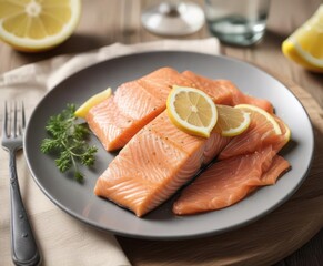 Fresh salmon fillet on a plate next to a fork and a lemon wedge,  meal,  kitchen,  dinner