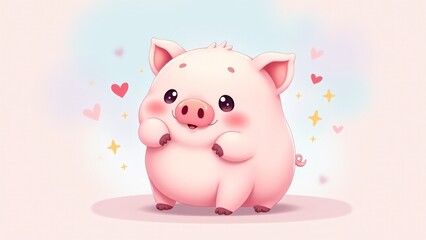 Chubby kawaii pig with big, sparkling eyes and blushing cheeks. Set against a dreamy pastel background with floating stars and hearts, creating a sweet, playful atmosphere.