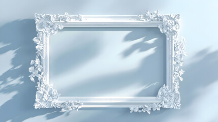 An ornate white frame surrounding a soft pastel blue background, perfect for showcasing precious memories or photographs.