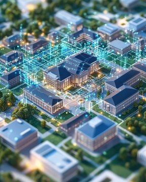 Smart Campus Aerial View: Digital Network Infrastructure Over University Buildings.