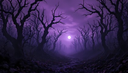 Eerie Purple Forest Path Moonlight Halloween Background