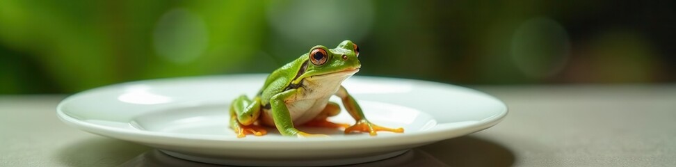 Obraz premium Frog sitting on a white plate , still life , amphibian, frog