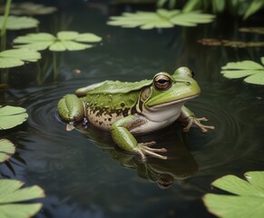 Fototapeta premium Frog with white belly floating on the surface of a pond, pond scene, natural setting, water feature