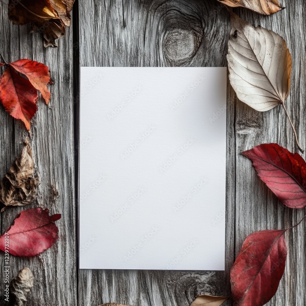 Poster Blank paper surrounded by colorful autumn leaves on a rustic wooden table. Generative AI