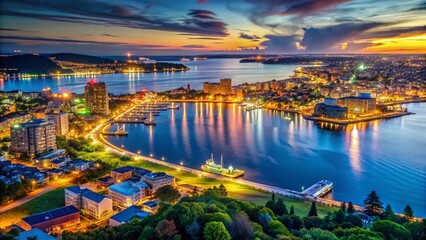 Fototapeta premium Halifax, Nova Scotia Night Lights Zoom From Space - Aerial Cityscape View