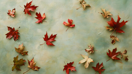 Soft, fallen autumn leaves scattered across a serene blue-green background.